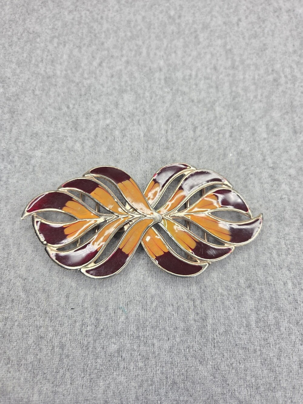 Vintage 1970s Interlocking Belt Buckle Orange Burgundy Enamel Leaf Gold Tone